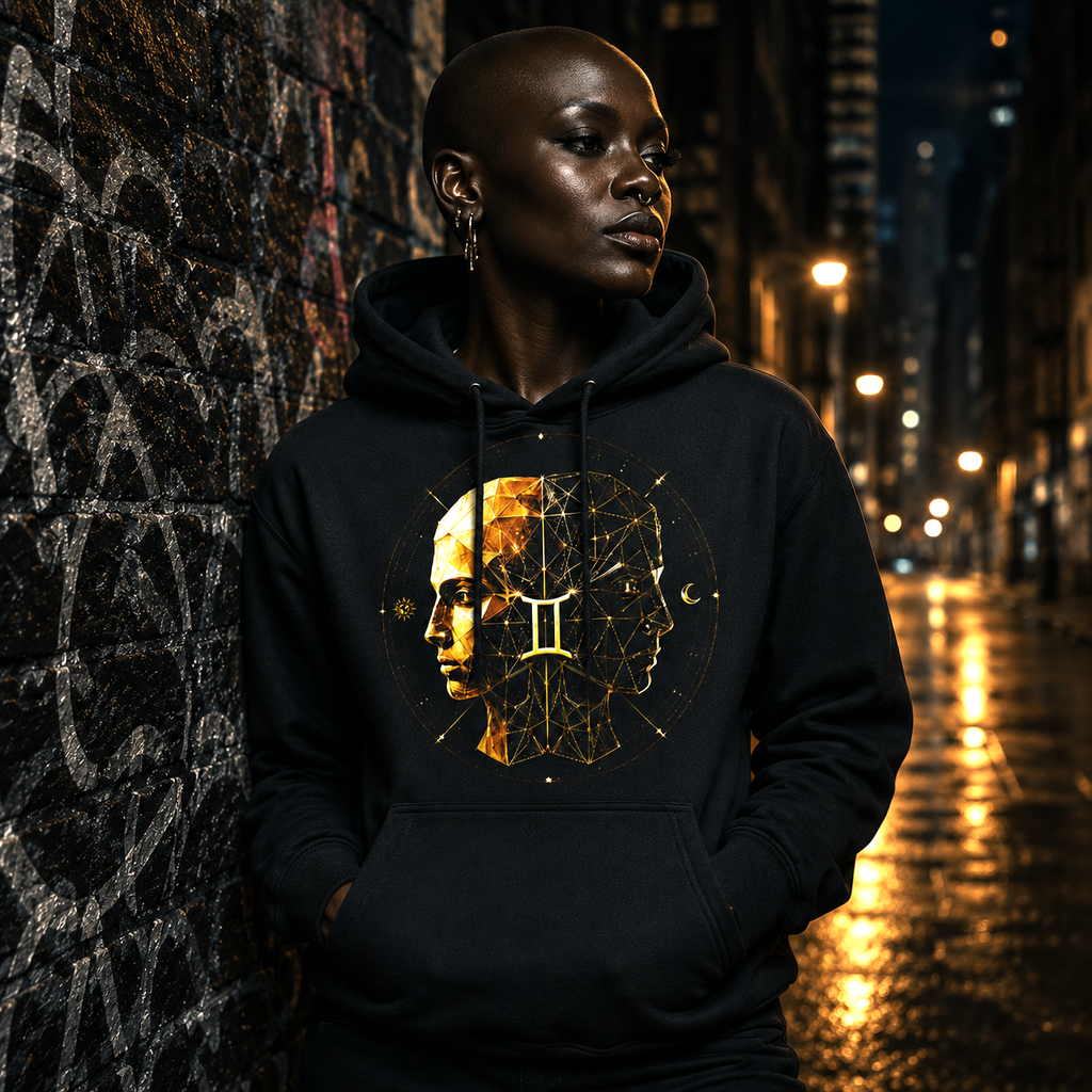 Mujer de piel oscura vistiendo Hoodie Negro Geometría Géminis con diseño artístico geométrico dorado.