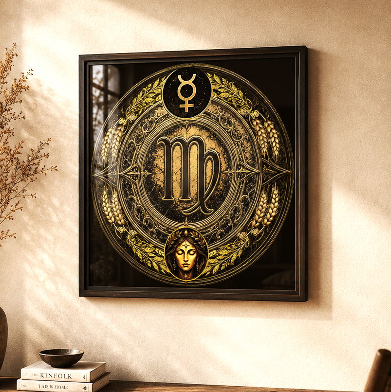 Vista diagonal del Poster Fine Art Virgo Atributos con marco de diseño contemporáneo.