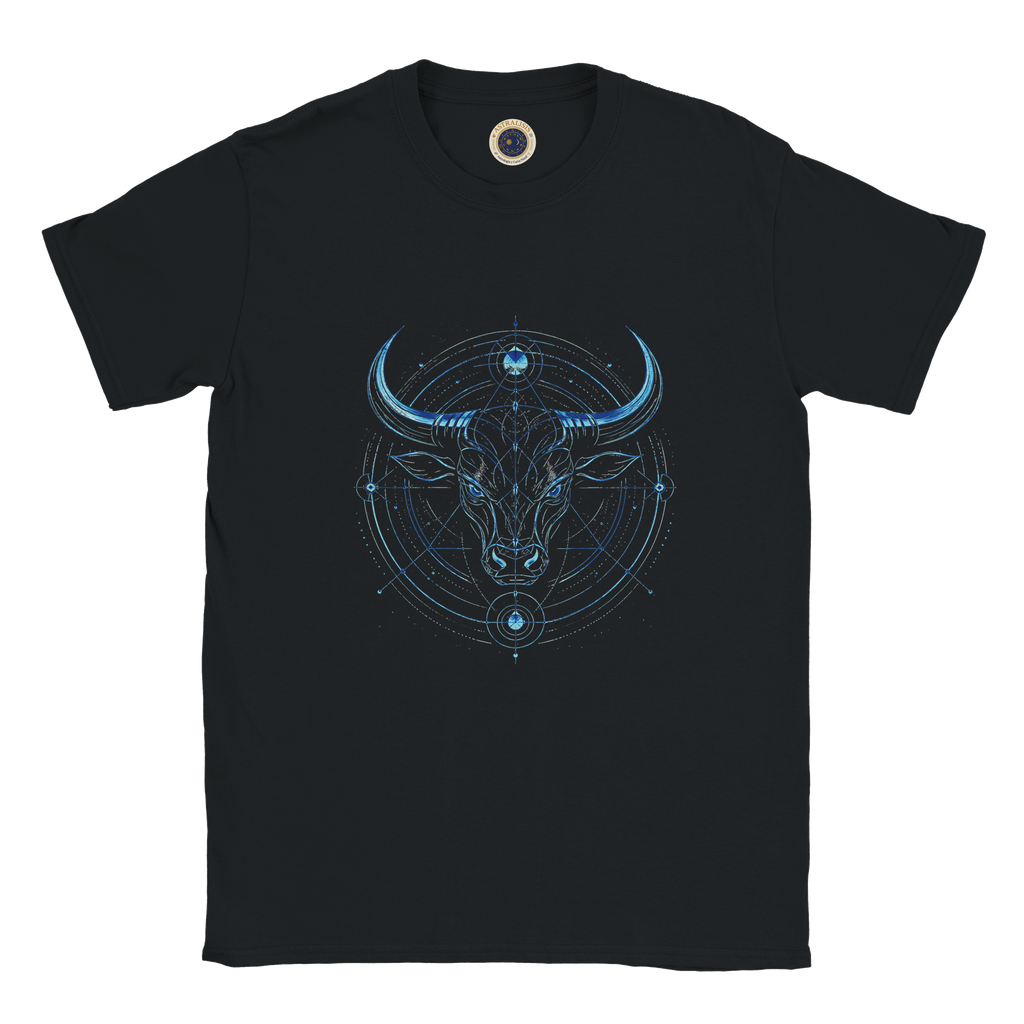 Camiseta negra unisex con diseño Toro Azul de inspiración zodiacal contemporánea.