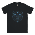 Camiseta negra unisex con diseño Toro Azul de inspiración zodiacal contemporánea.