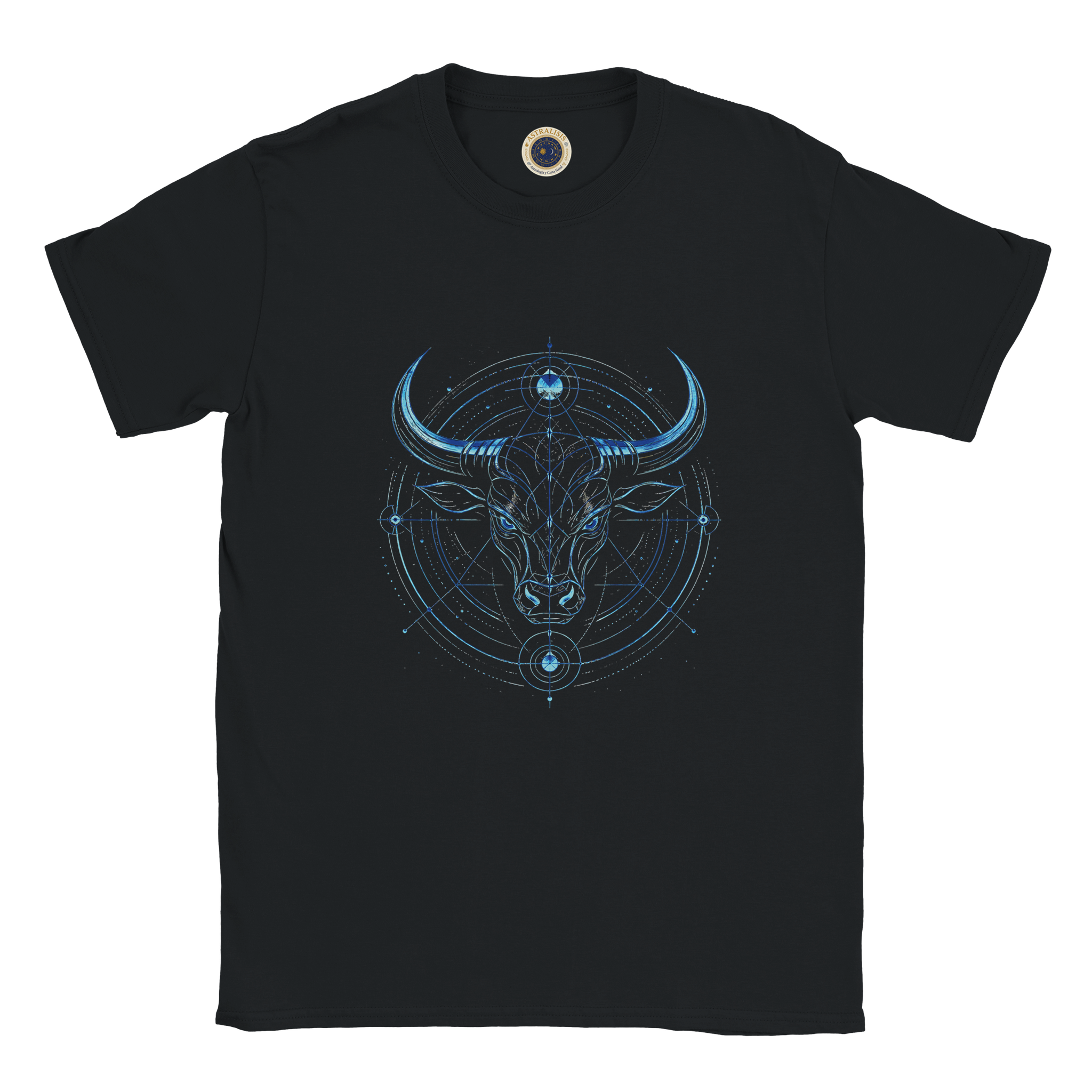 Camiseta negra unisex con diseño Toro Azul de inspiración zodiacal contemporánea.