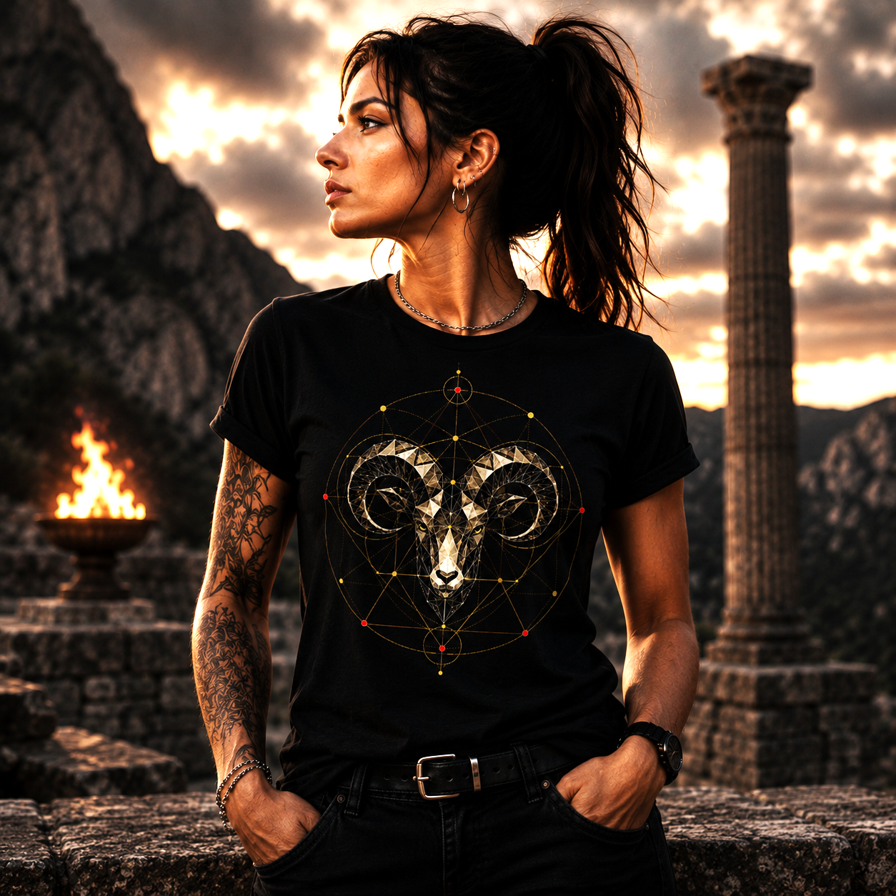 Modelo vistiendo camiseta negra Geométrica Aries en entorno editorial