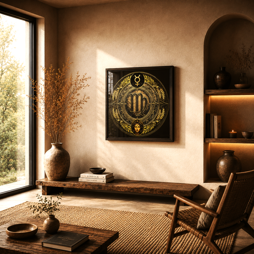 Poster Fine Art Virgo Atributos en salón contemporáneo con símbolos del signo de Virgo