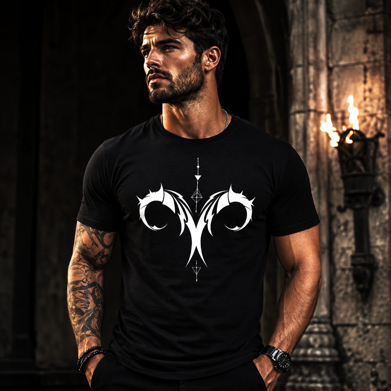 Modelo vistiendo camiseta negra Tribalista Aries en entorno editorial
