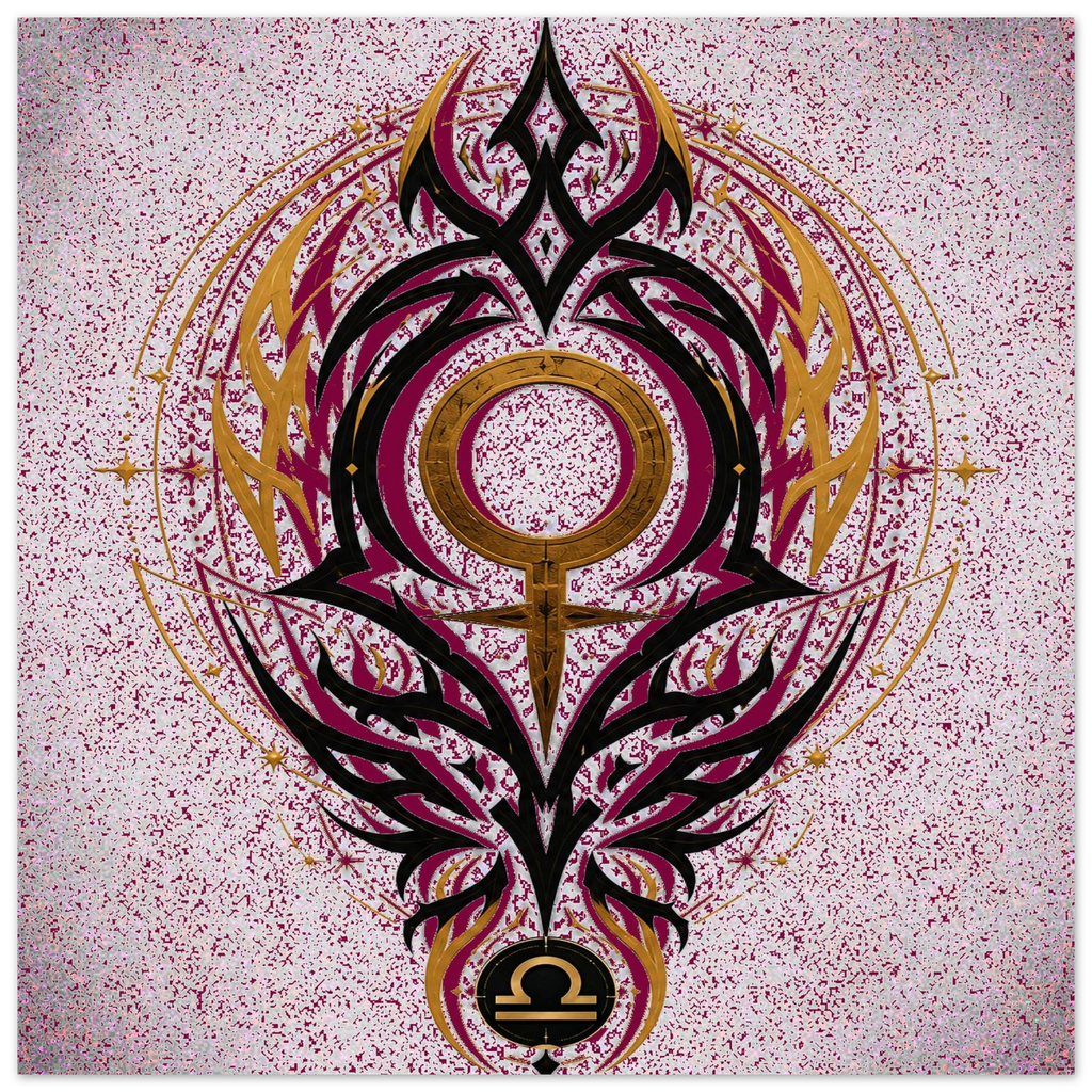 Póster astrológico Libra Tribal con glifo de Libra y diseño totémico simétrico