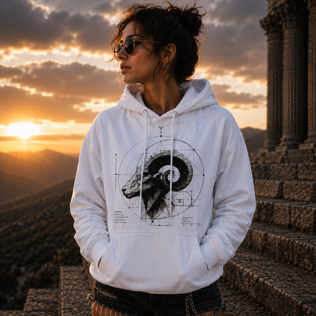 Modelo vistiendo hoodie blanco Perfil Áureo Aries al atardecer