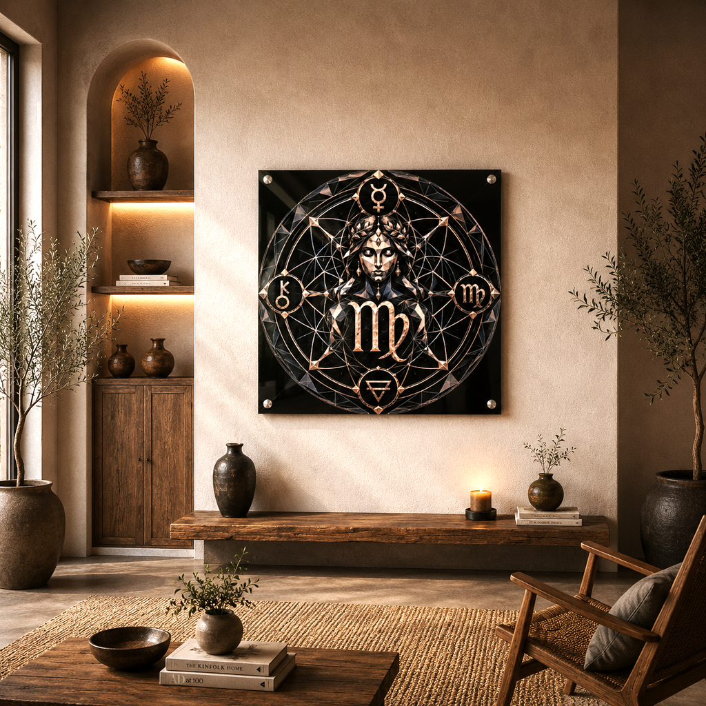 Diseño Geometría Virgo con símbolo zodiacal rodeado de geometría sagrada y líneas doradas