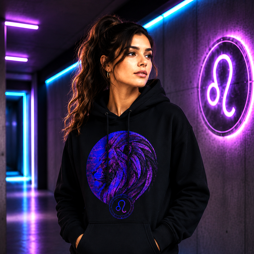 Mujer vistiendo hoodie negro Leo Perfil Realeza en entorno urbano nocturno contemporáneo