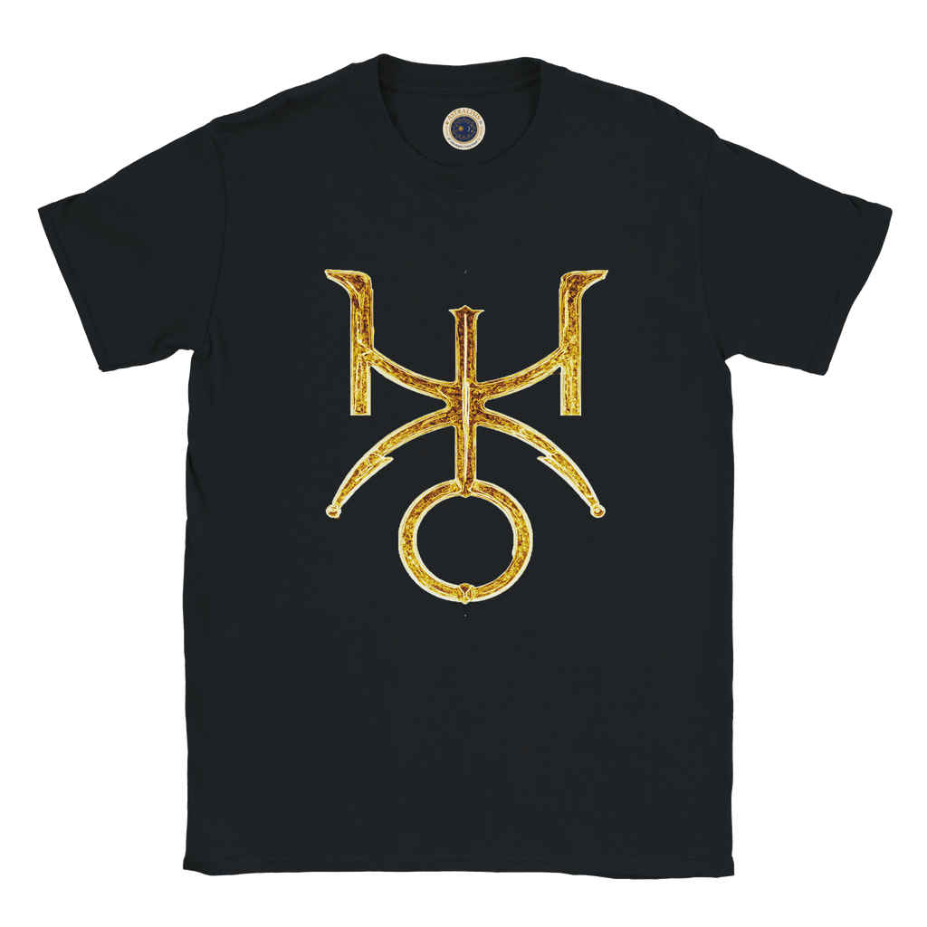 Camiseta negra unisex Urano con diseño astral gótico dorado