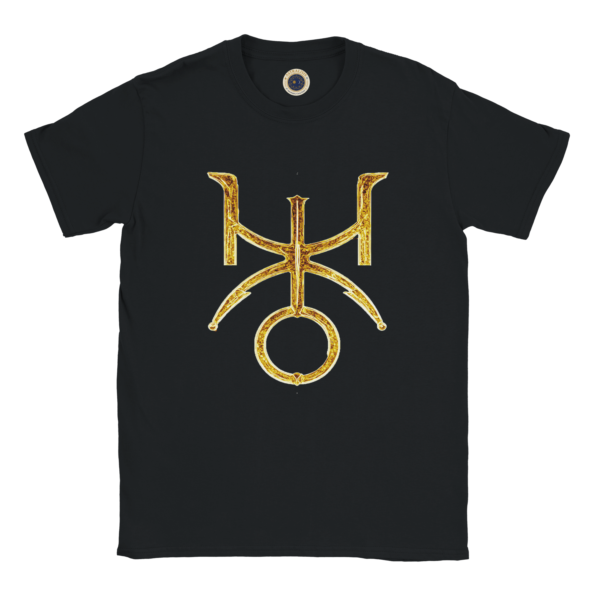 Camiseta negra unisex Urano con diseño astral gótico dorado