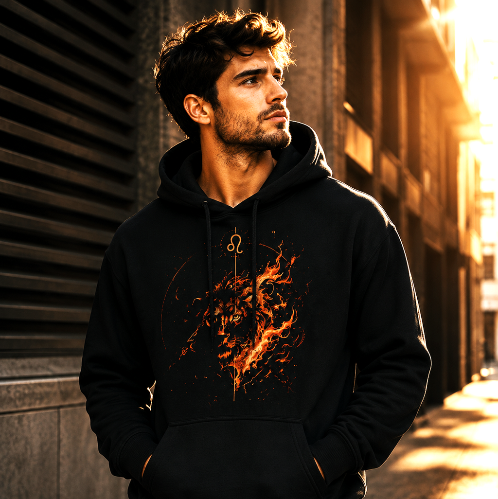 Hombre vistiendo hoodie negro Leo de Fuego en entorno urbano iluminado al atardecer
