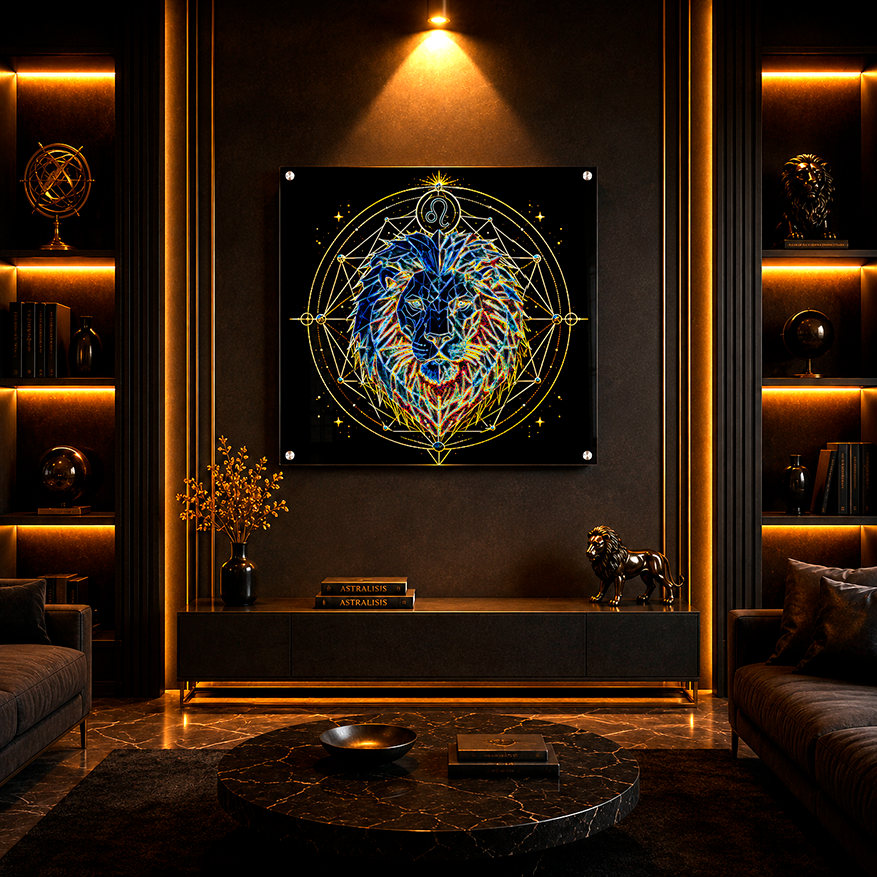 Arte mural Acrílico Fine Art Leo Facetas Constructivas instalado en salón contemporáneo de lujo con iluminación arquitectónica cálida