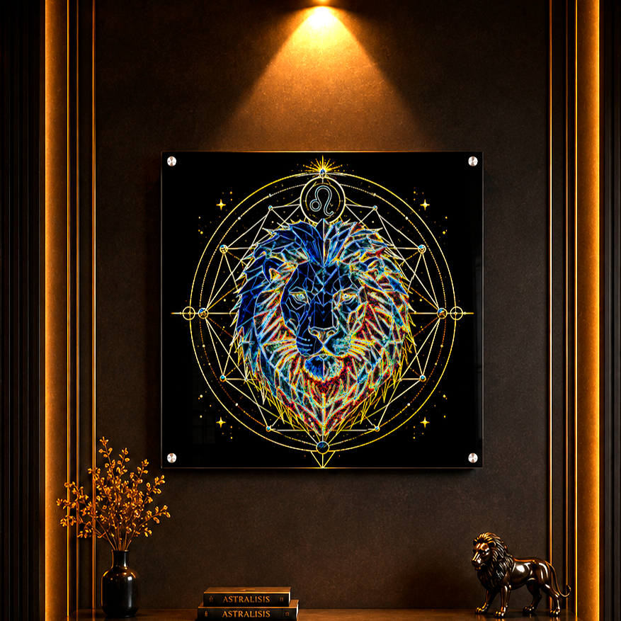 Acrílico Fine Art Leo Facetas Constructivas con león geométrico multicolor y símbolo zodiacal de Leo en composición sagrada