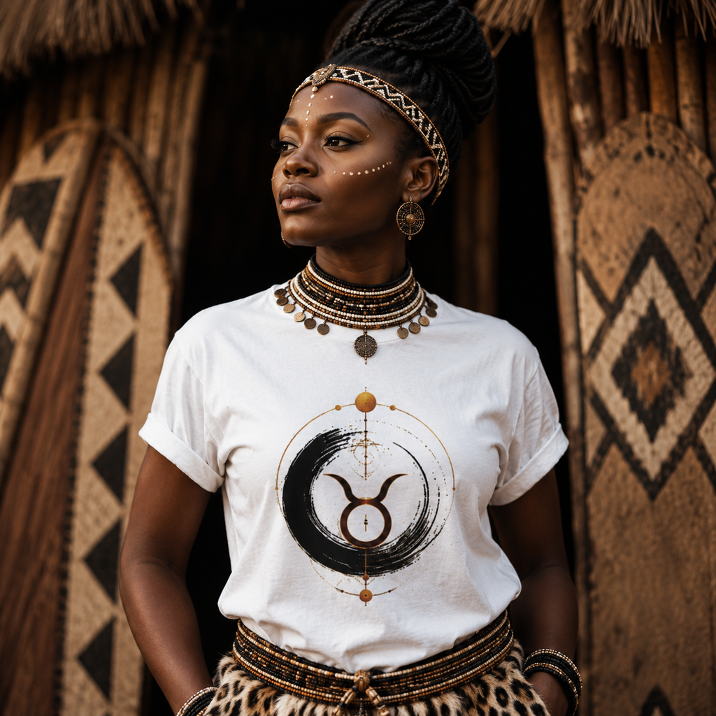 Modelo femenina luciendo camiseta blanca Anillo Tauro de inspiración astrológica contemporánea.
