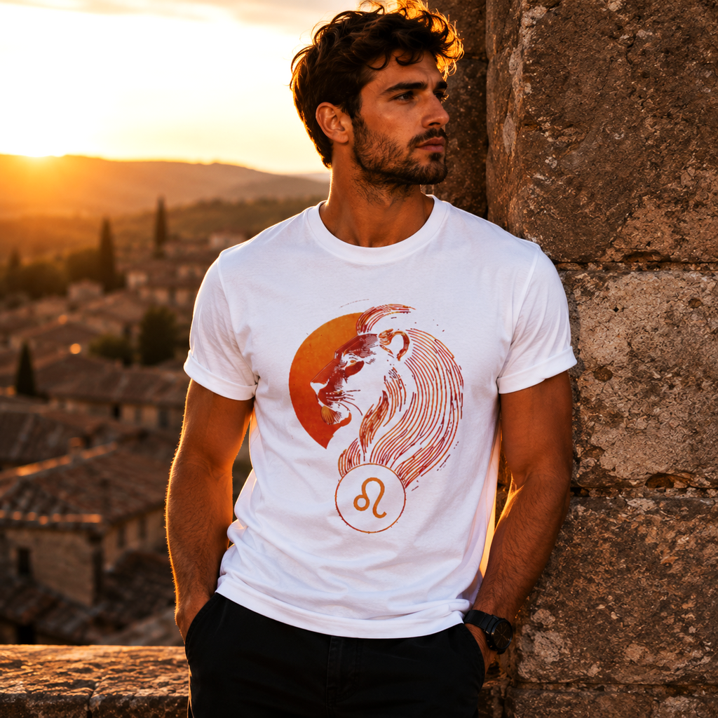 Hombre vistiendo camiseta blanca León Perfil Realeza con ilustración leonina en tonos cálidos