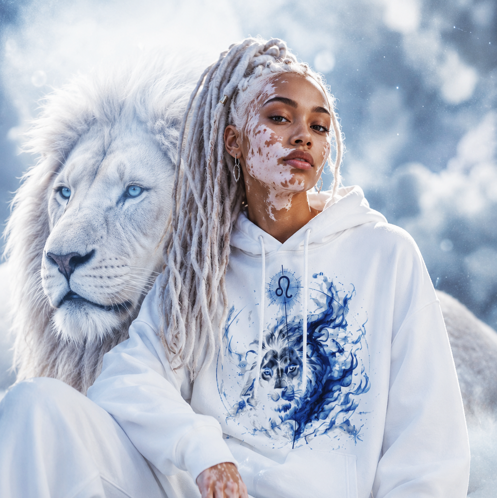 Mujer vistiendo hoodie blanco Leo Fantasmal junto a león blanco en atmósfera etérea