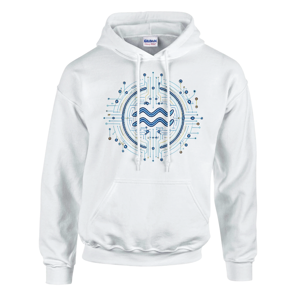 Sudadera blanca Acuario con símbolo zodiacal azul y diseño contemporáneo