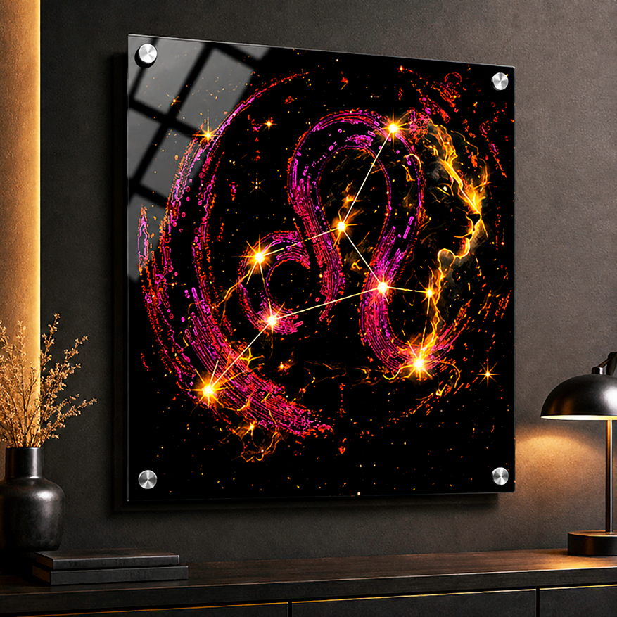 Detalle de Acrílico Fine Art Leo Constelar y Simbólico con símbolo zodiacal Leo integrado a una composición estelar brillante