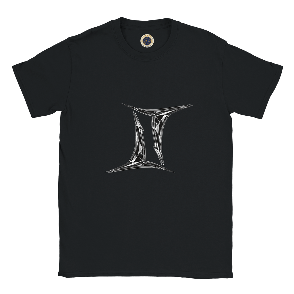 Camiseta negra con símbolo de Géminis minimalista, con logo astrálisis