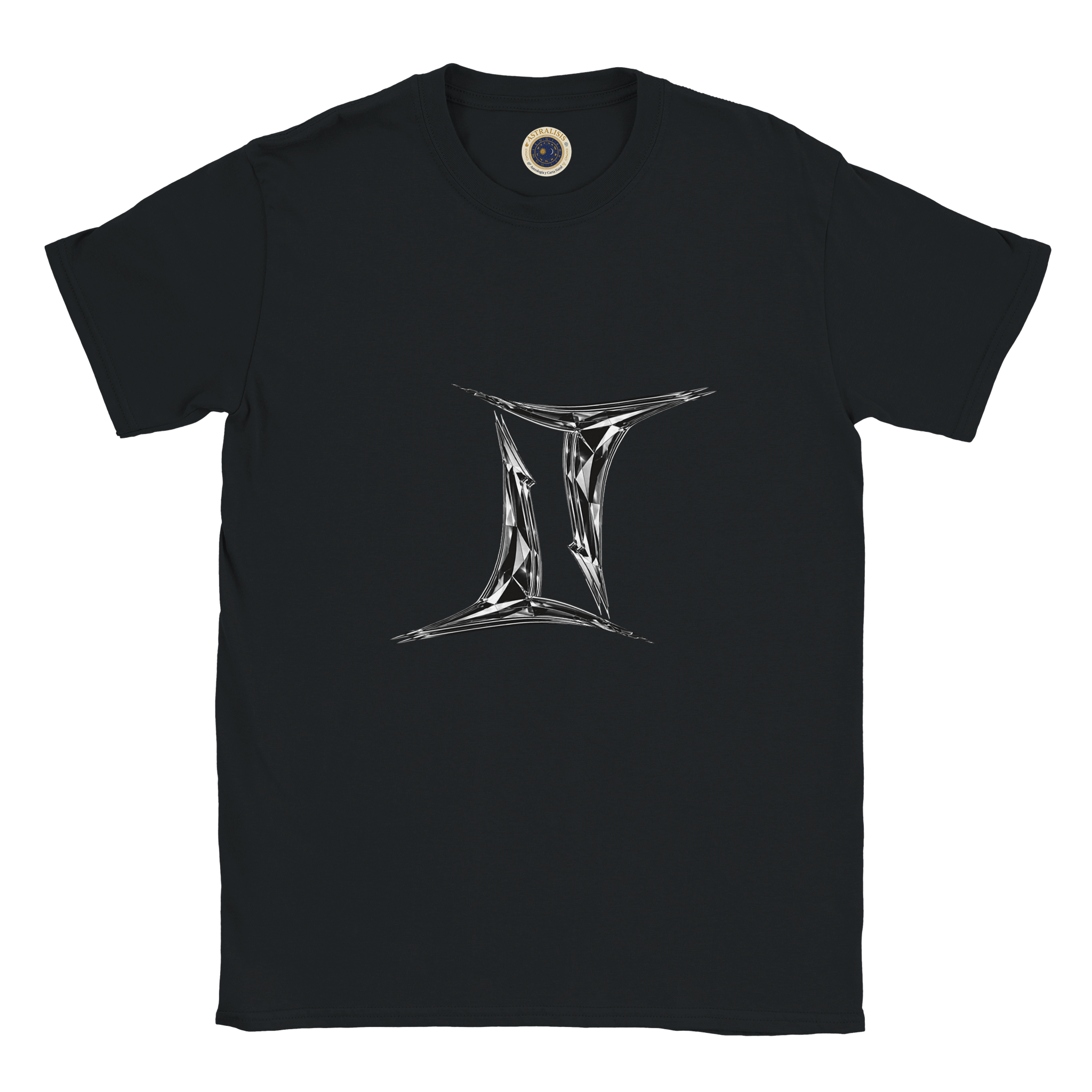 Camiseta negra con símbolo de Géminis minimalista, con logo astrálisis