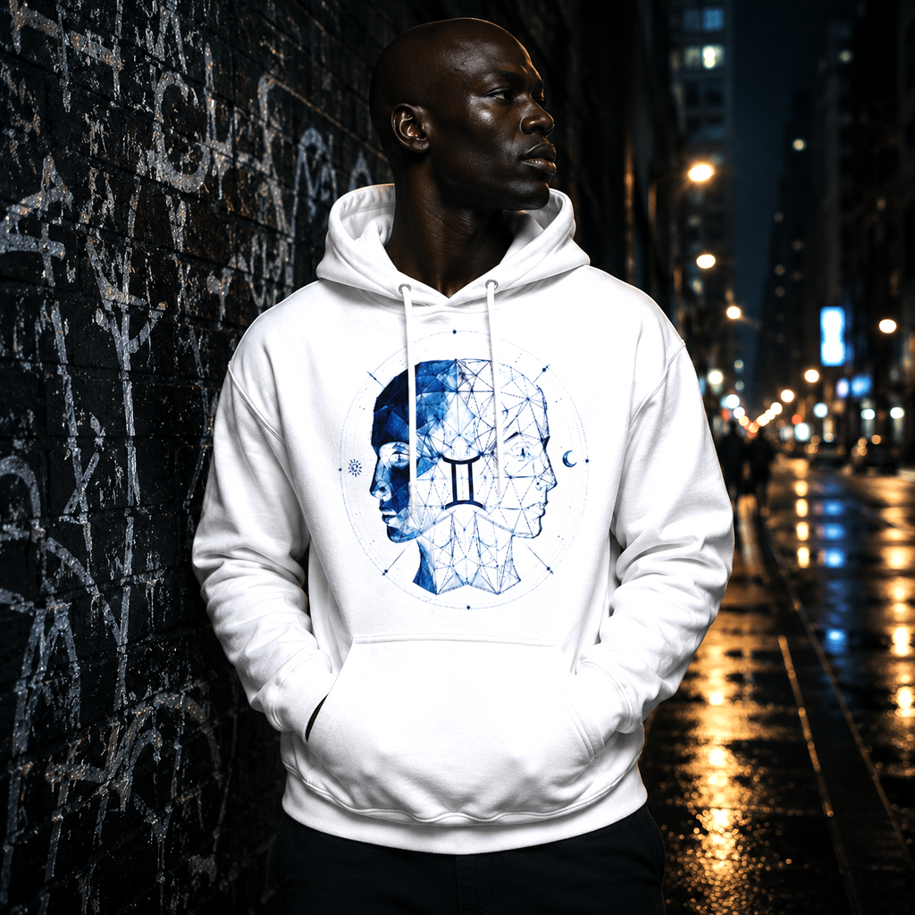 Hombre de piel oscura vistiendo Hoodie Blanco Geometría Géminis con diseño artístico geométrico azul.