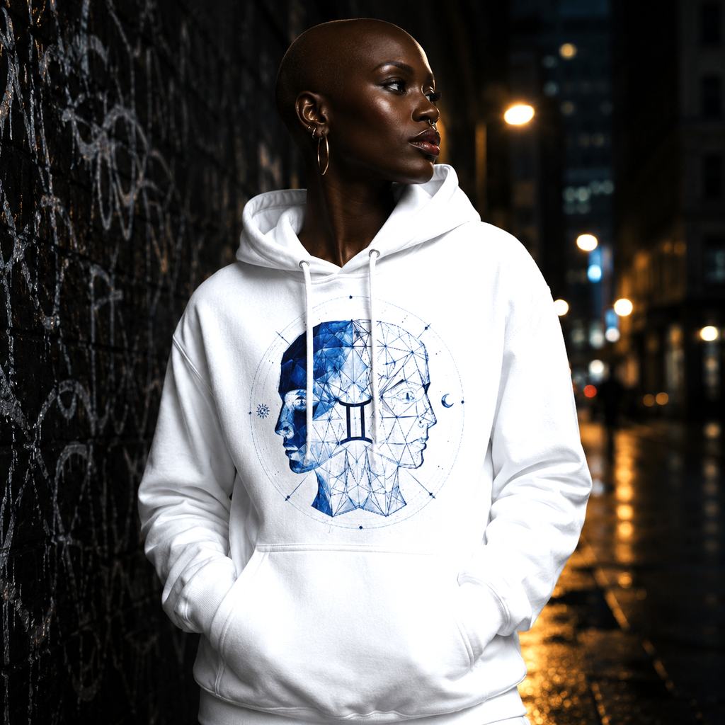 Mujer luciendo sudadera blanca Géminis con ilustración geométrica inspirada en la dualidad zodiacal.