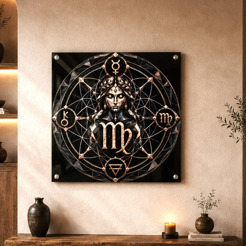 Vista frontal del Acrílico Fine Art Geometría Virgo en un ambiente contemporáneo con acabado brillante
