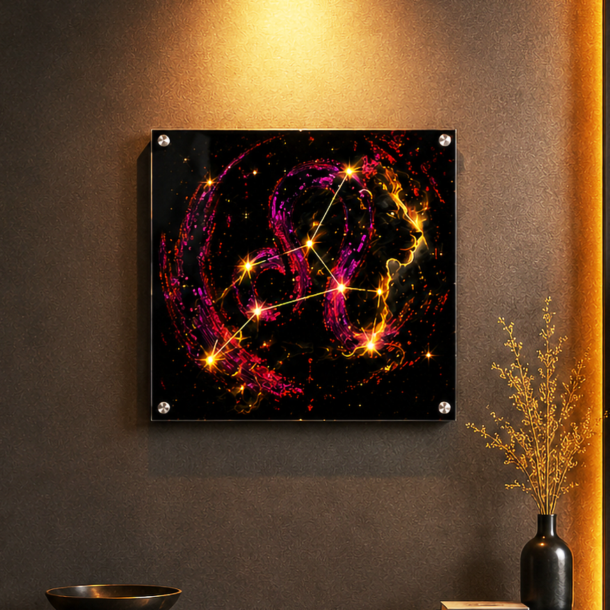 Acrílico Fine Art Leo Constelar y Simbólico con constelación de Leo y perfil leonino luminoso en tonos magenta y dorado