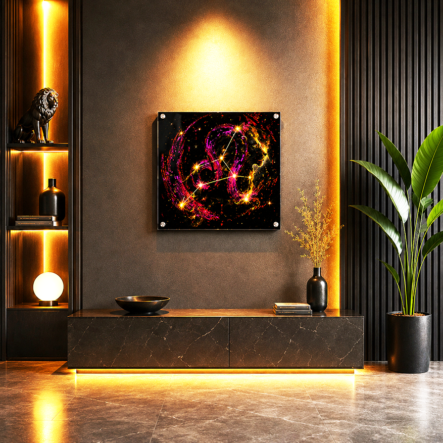 Arte mural Acrílico Fine Art Leo Constelar y Simbólico instalado en interior contemporáneo con iluminación cálida y decoración de lujo