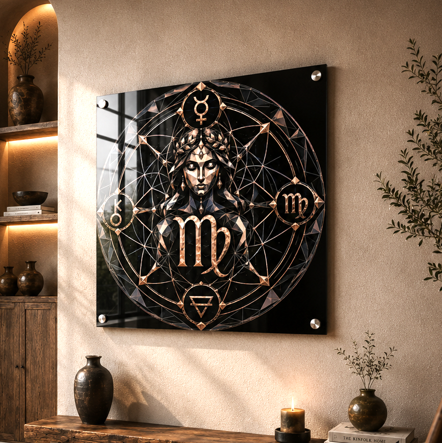 Acrílico Fine Art Geometría Virgo instalado en una sala moderna con diseño geométrico dorado sobre fondo negro