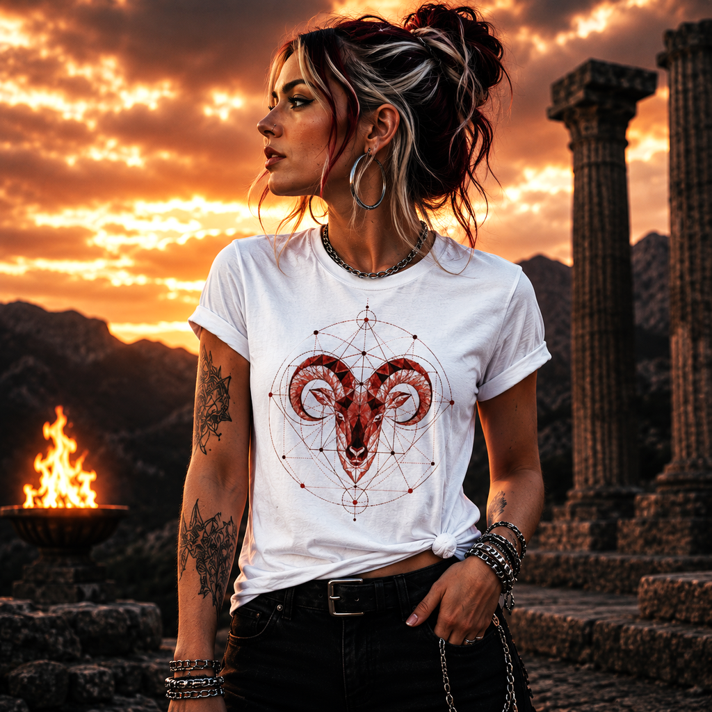 Modelo vistiendo camiseta blanca Geométrica Aries al atardecer