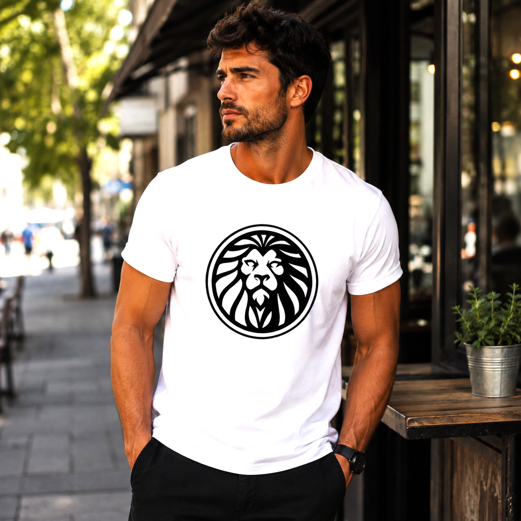 Hombre vistiendo camiseta blanca Leo Medallón con diseño circular de león sobre fondo blanco