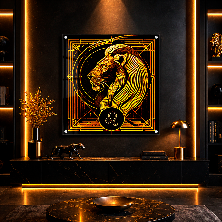 Detalle decorativo de Acrílico Fine Art Leo Perfil Leonino Decó con perfil de león dorado y composición geométrica inspirada en el signo Leo