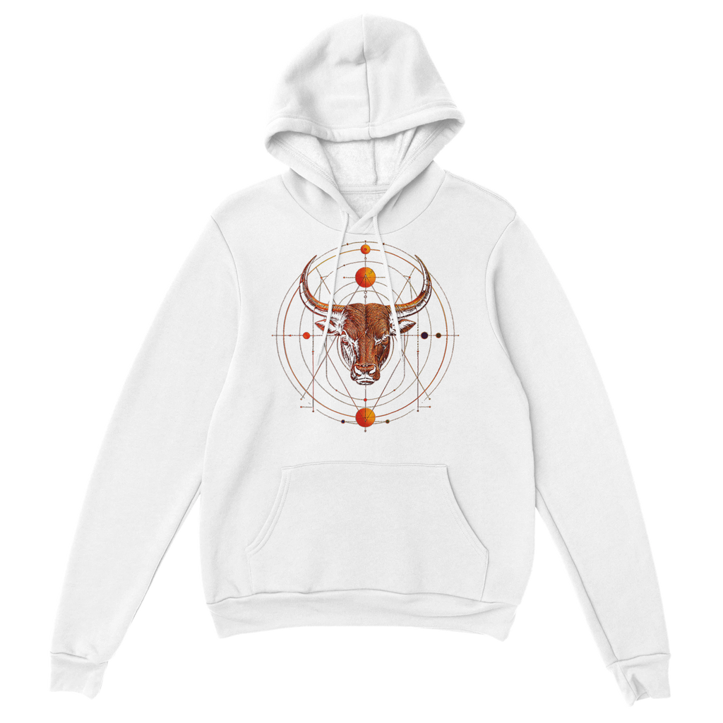 Hoodie blanco unisex Tauro Sincronizado con ilustración geométrica inspirada en el signo de Tauro.