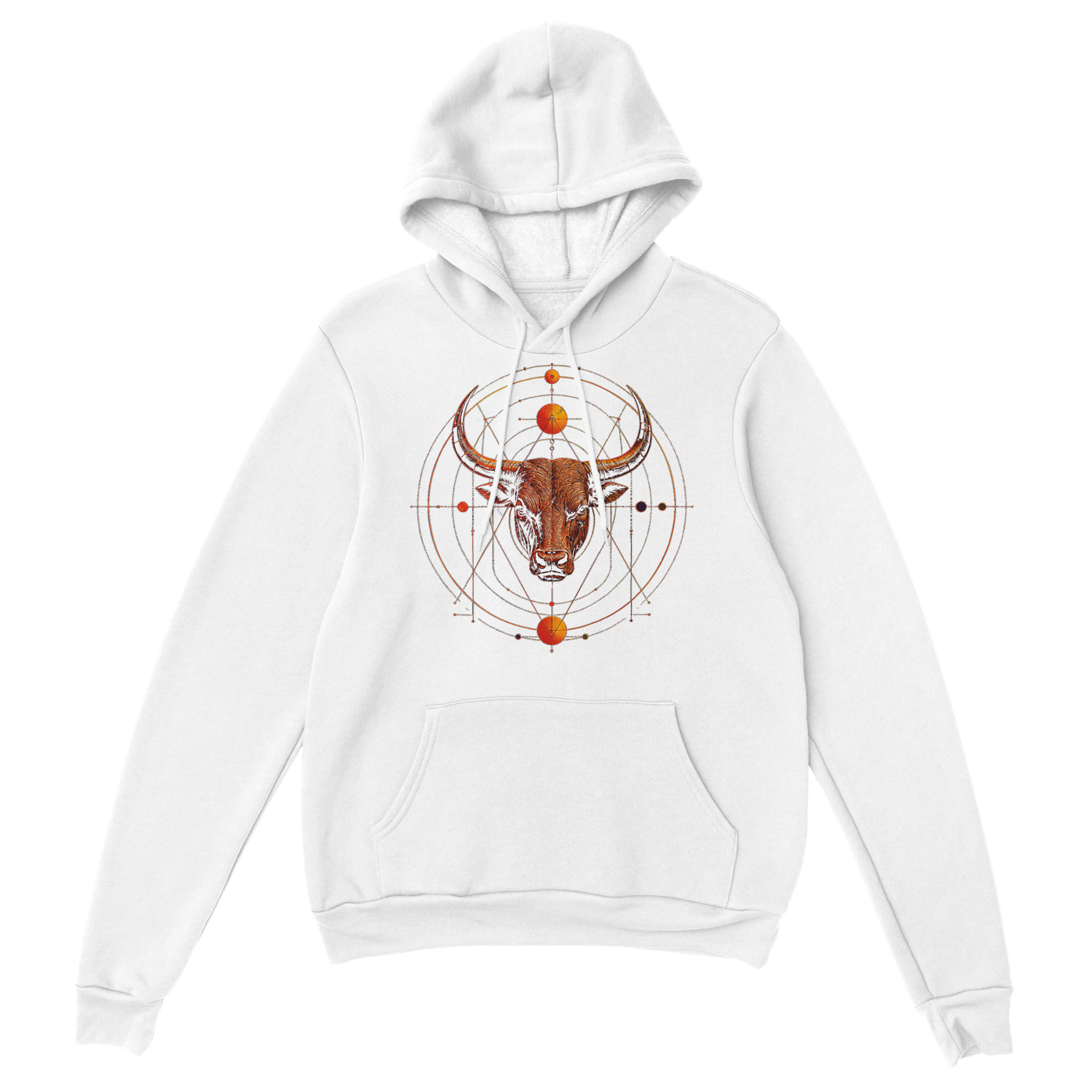 Hoodie blanco unisex Tauro Sincronizado con ilustración geométrica inspirada en el signo de Tauro.