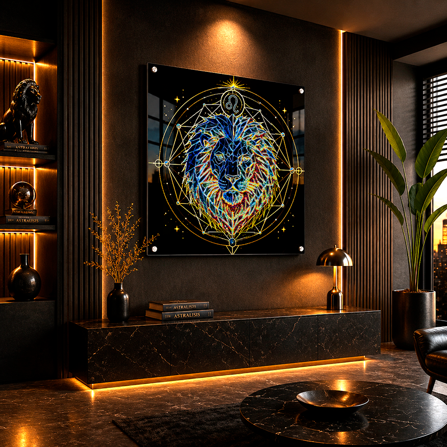 Acrílico Fine Art Leo Facetas Constructivas en perspectiva decorativa con león facetado multicolor y detalles geométricos dorados