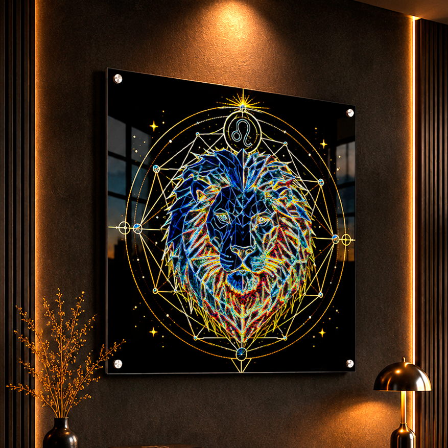 Detalle de Acrílico Fine Art Leo Facetas Constructivas con retrato leonino geométrico inspirado en la energía creativa del signo Leo