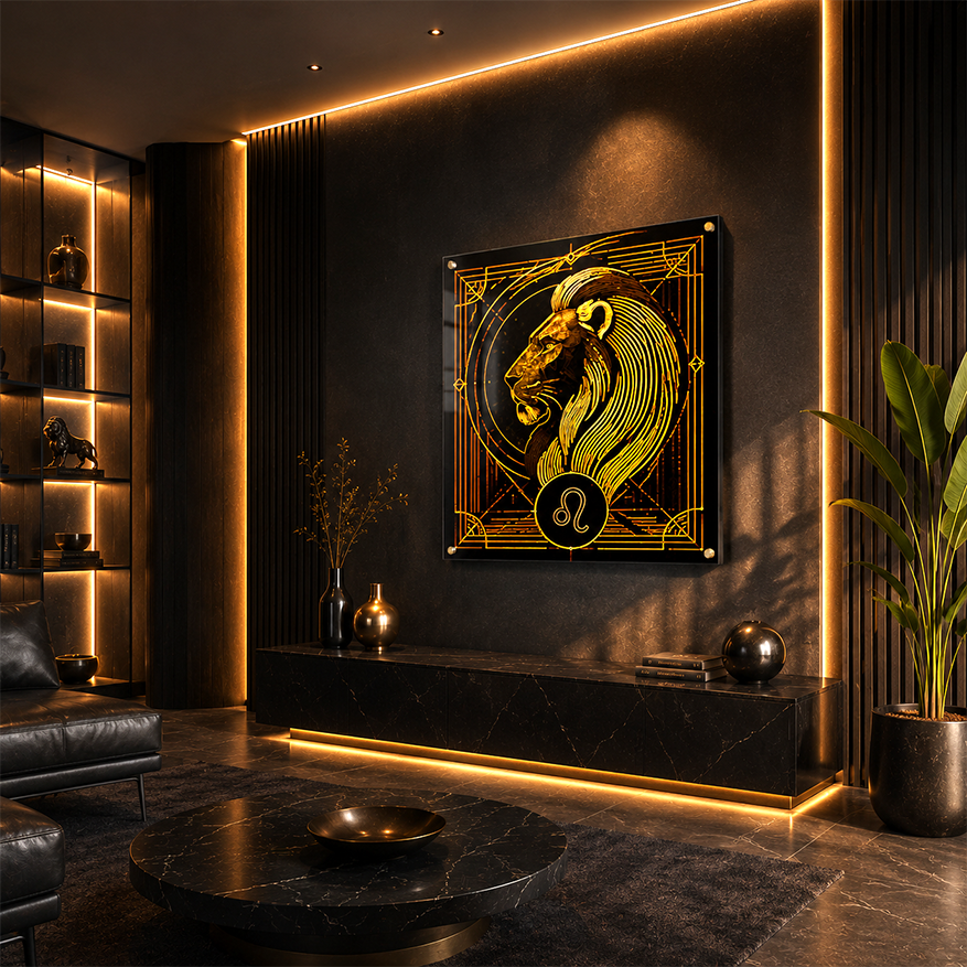 Arte mural Acrílico Fine Art Leo Perfil Leonino Decó en ambiente elegante con iluminación dorada y estética zodiacal contemporánea