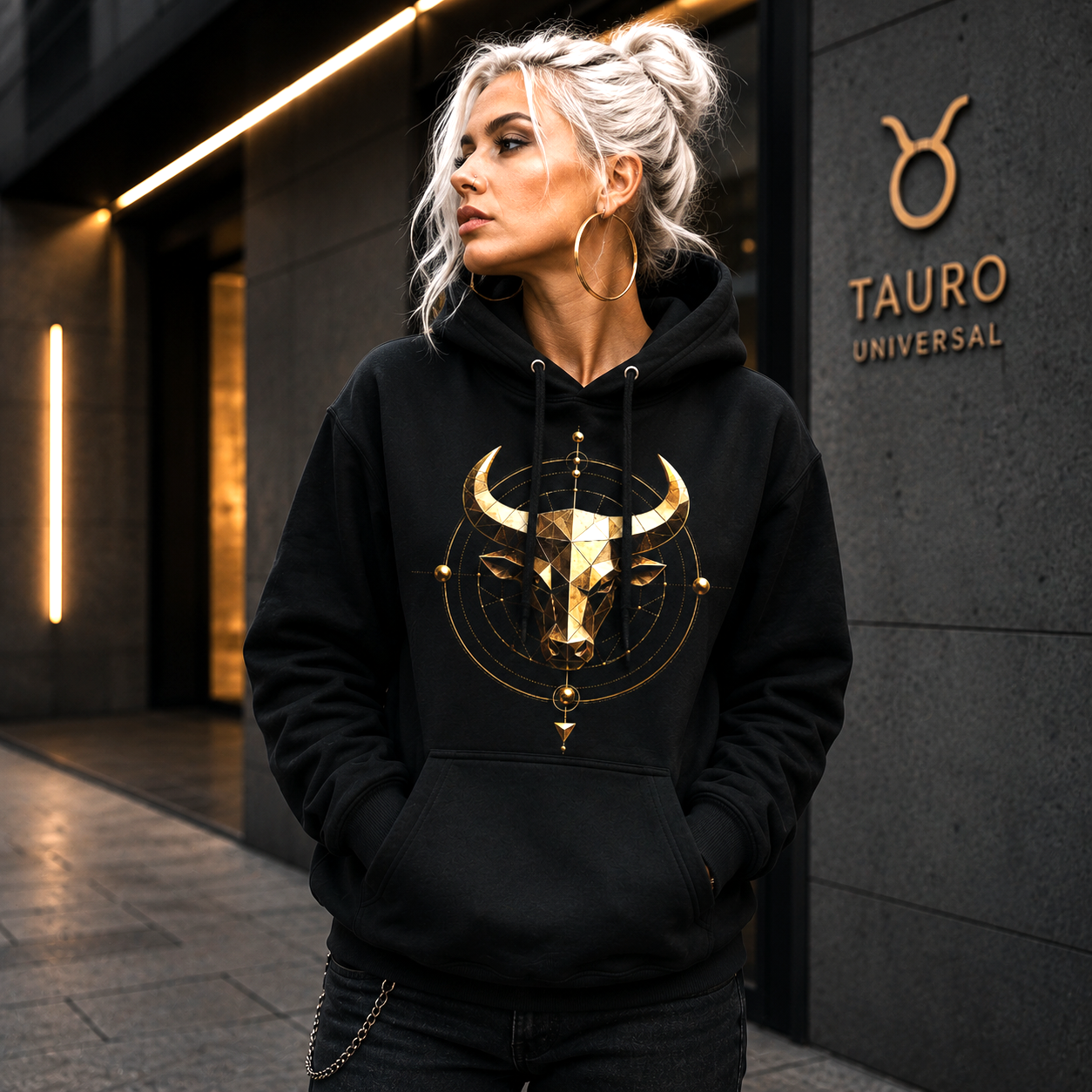 Mujer vistiendo hoodie negro Tauro Geométrico en entorno urbano elegante y contemporáneo.