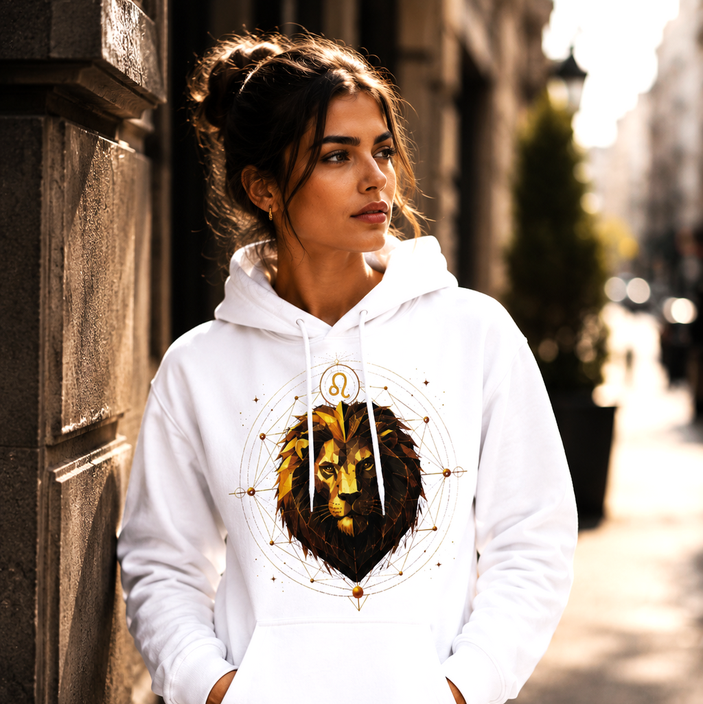Mujer vistiendo hoodie blanco Leo Facetas Reales en entorno urbano elegante