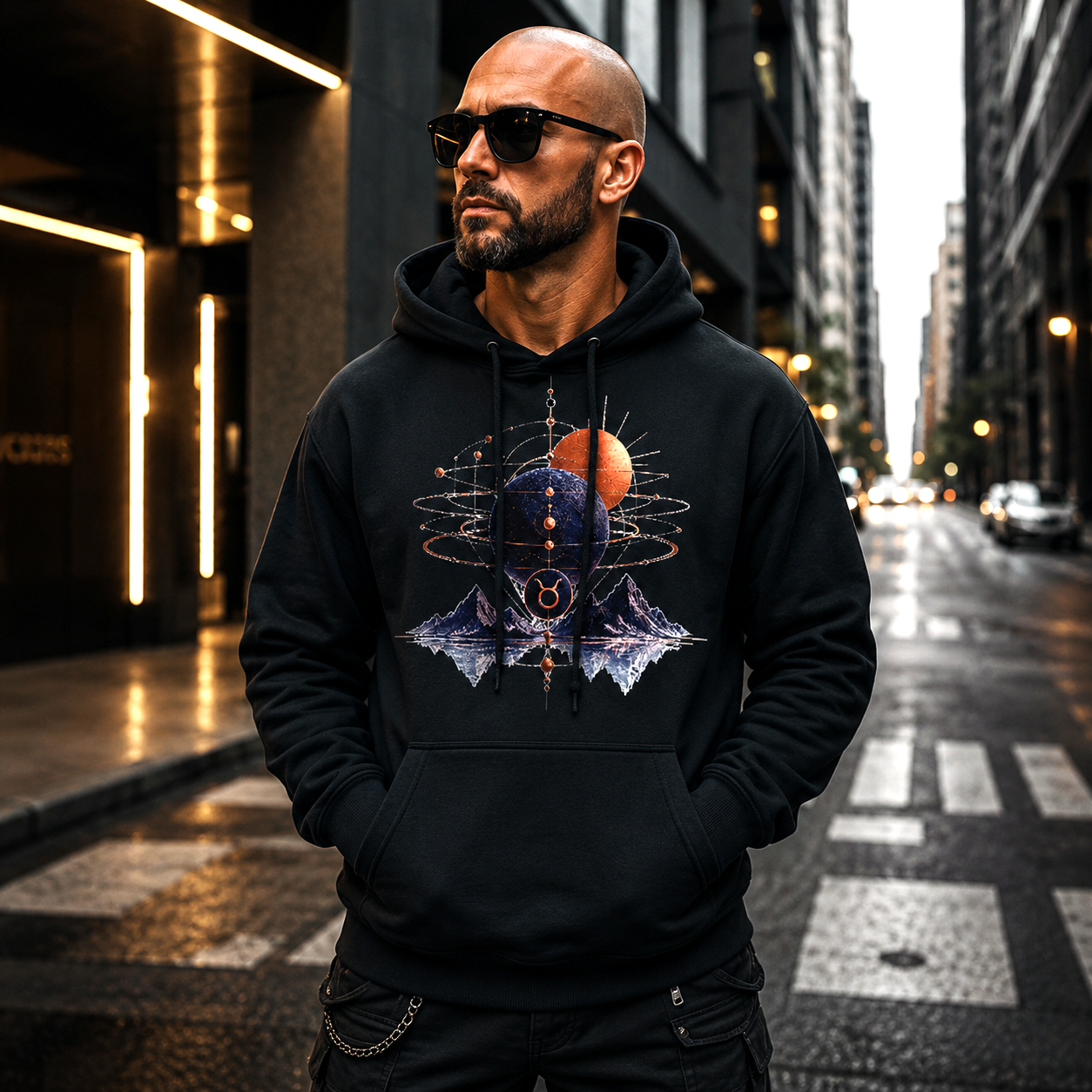 Hombre vistiendo hoodie negro Conjunción Tauro en entorno urbano nocturno contemporáneo.