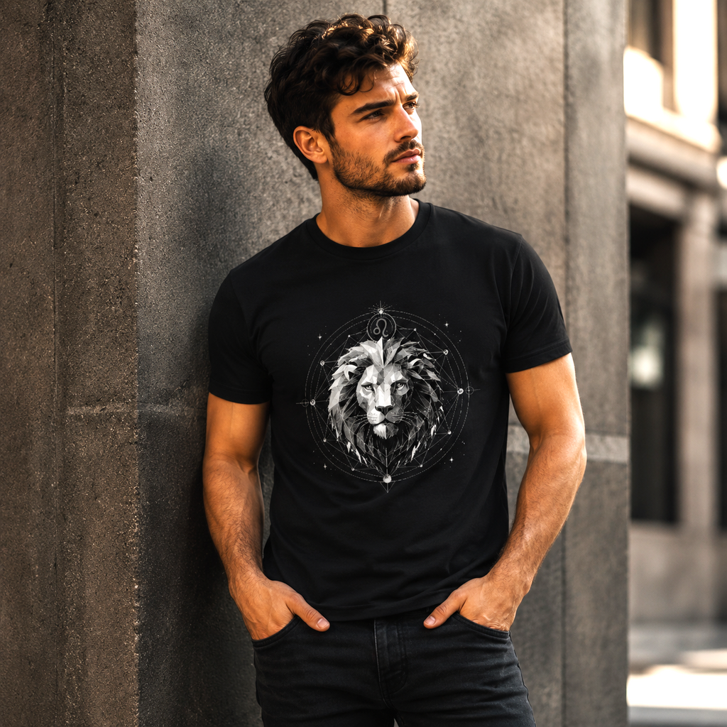 Hombre vistiendo camiseta negra Leo Geométrico en entorno urbano contemporáneo