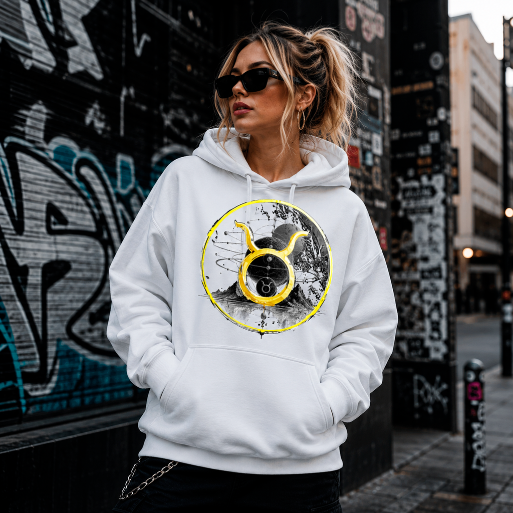 Mujer vistiendo hoodie blanco Conjunción Tauro en entorno urbano contemporáneo.