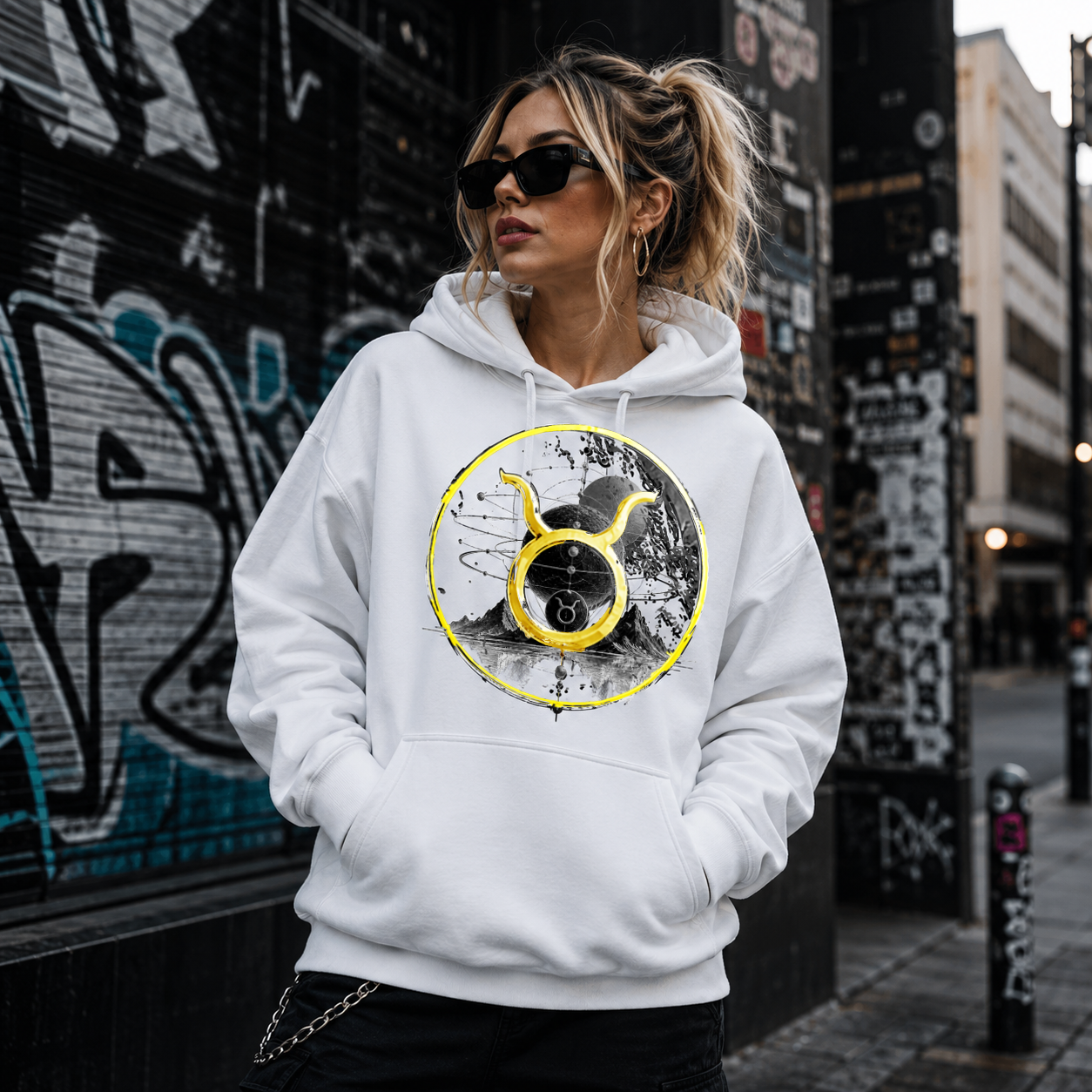 Mujer vistiendo hoodie blanco Conjunción Tauro en entorno urbano contemporáneo.