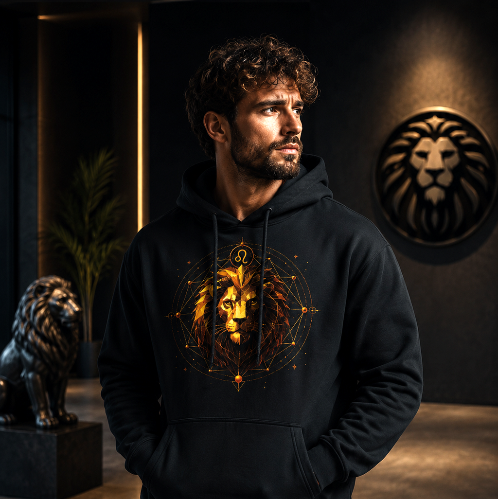 Hombre vistiendo hoodie negro Leo Facetas Reales en ambiente contemporáneo