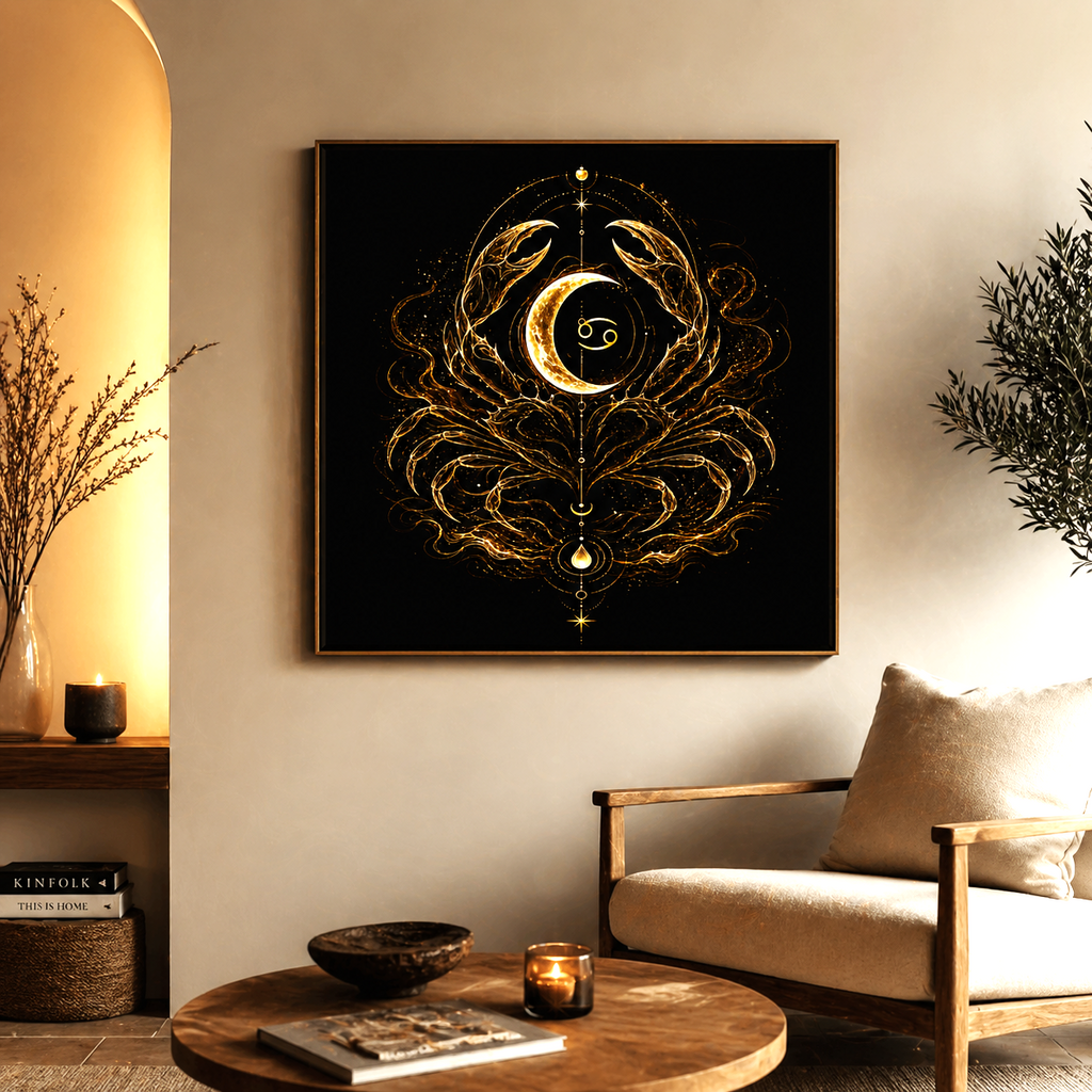 poster cancer sensaciones dorado en salon minimalista luz calida