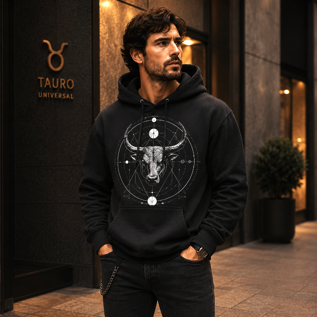 Hombre vistiendo hoodie negro Tauro Sincronizado en entorno urbano contemporáneo.