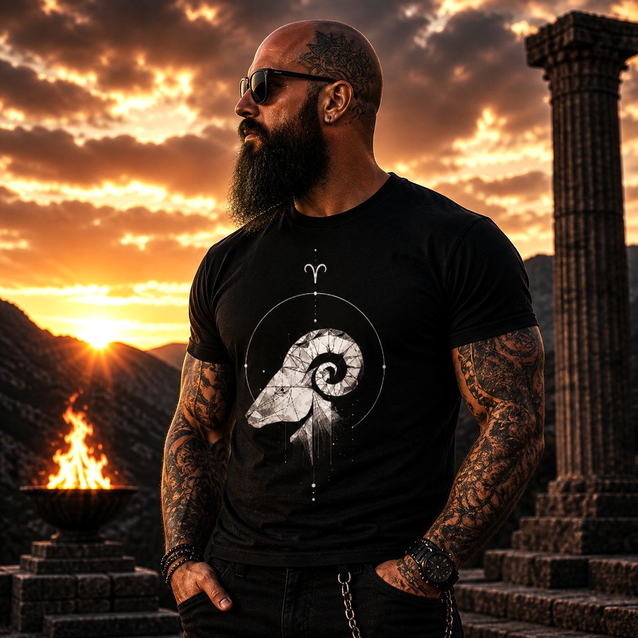 Modelo vistiendo camiseta negra Perfil Geométrico Aries al atardecer