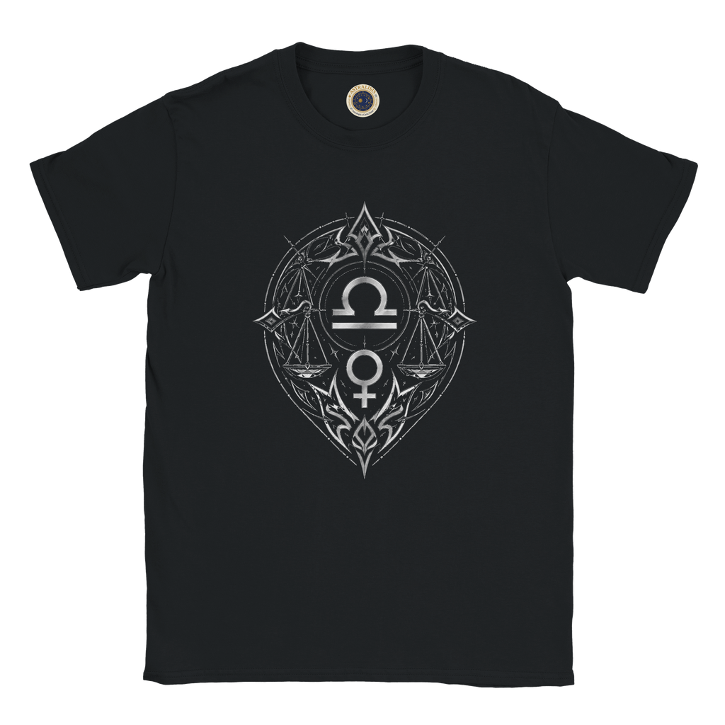 Camiseta Negra Libra Tribal vista frontal con símbolo zodiacal de Libra