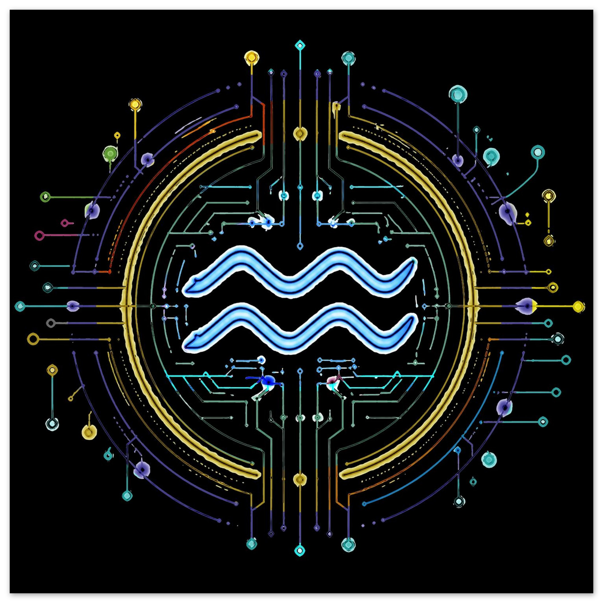 Arte astral futurista de Acuario con símbolos digitales y energía cósmica